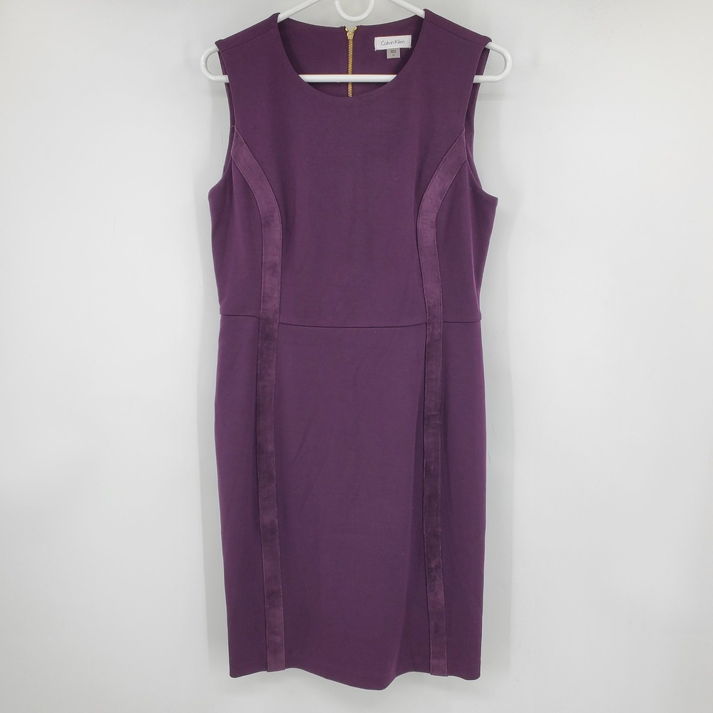 Calvin Klein Womens Purple Faux Suede Trim Sheath Dress Size 10 Office Business‎